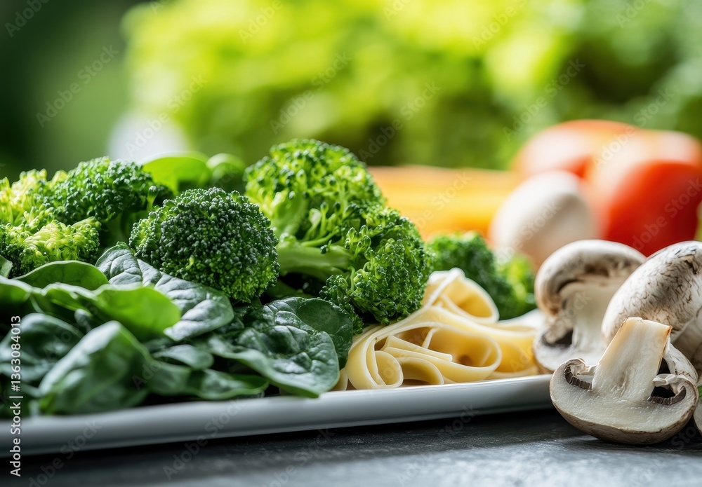 Fresh Green Vegetables and Mushrooms Arranged for Healthy Meal Preparation with Noodles on a Bright Table Setting Fresh Green Vegetables and Mushrooms Arranged for Healthy Meal Preparation with Noodles on a Bright Table Setting