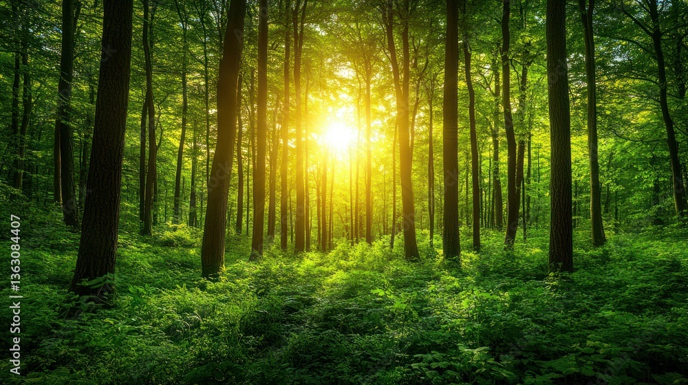 Naklejka premium Sunlight streams through a lush forest canopy. Lush greenery, towering trees, and golden sunlight create a serene and vibrant scene