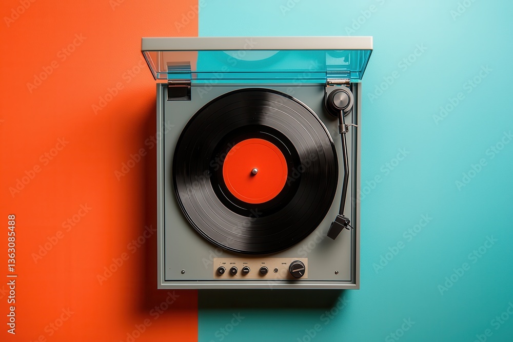 Fototapeta premium Retro turntable with orange and teal background in minimalist design
