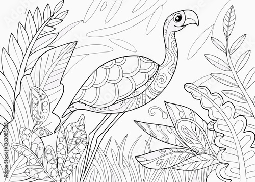 Wallpaper Mural Stylized flamingo bird among jungle foliage. Freehand sketch for adult anti stress coloring book page with doodle and zentangle elements Torontodigital.ca