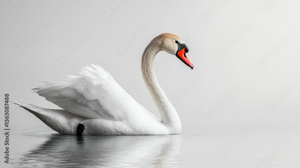 Fototapeta premium Elegant White Swan on Calm Water, Soft Light, Mirrored Reflection