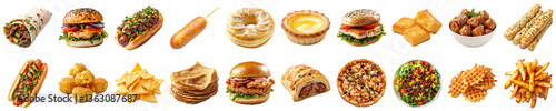 A Colorful Array of Delicious Foods Including Sandwiches, Sides, Pastries, Snacks, Burgers, Sweets, and Savory Treats Perfect for Any Culinary Delight. Piquant food set.