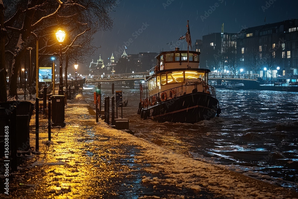 Night Scene in Snowy City with Illuminated River Boat Night Scene in Snowy City with Illuminated River Boat