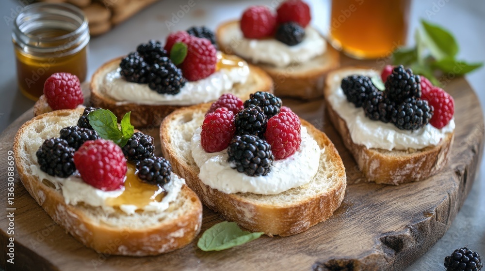 A trendy scene featuring a rustic plate filled with slices of farm-fresh bread topped with organic cream cheese, fresh berries, and honey from a local apiary. A trendy scene featuring a rustic plate filled with slices of farm-fresh bread topped with organic cream cheese, fresh berries, and honey from a local apiary.