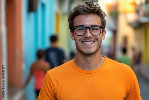 A man wearing an orange shirt and glasses is smiling for the camera. Concept of confidence and positivity