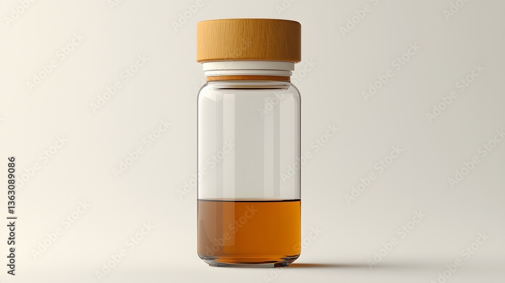 Essential Elixir: A studio shot of a small glass vial, half-filled with an amber-colored liquid, poised to spark curiosity. Essential Elixir: A studio shot of a small glass vial, half-filled with an amber-colored liquid, poised to spark curiosity.