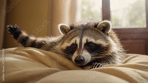 A raccoon lounging comfortably on a soft surface, enjoying a cozy indoor environment.