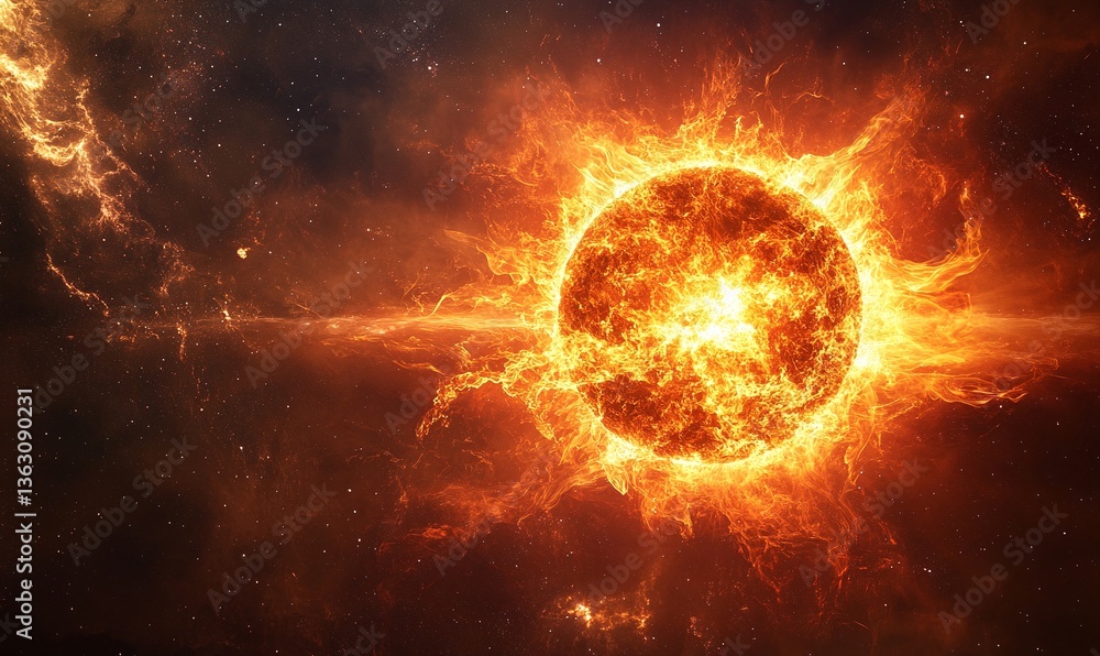 Obraz premium Fiery cosmic spectacle: A blazing star bursts with intense energy against a dark, starry backdrop.