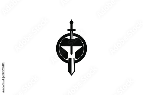 A bold black logo featuring a Spartan helmet integrated with a sword and shield, symbolizing strength, protection, and warrior spirit.
