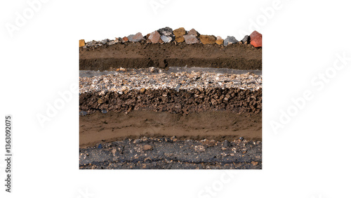 Soil layer cross section found rock isolated on white background, Form of soil layers, its colour and textures, Texture layers of earth surface for background