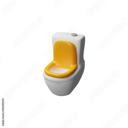 Toilet bowl with open orange cover 3D plastic cartoon style vector icon, realistic WC pan, ceramic bathroom interior