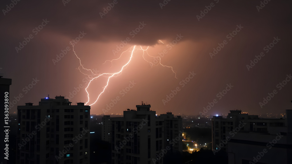 Fototapeta premium Lightning Strikes Over Cityscape at Night
