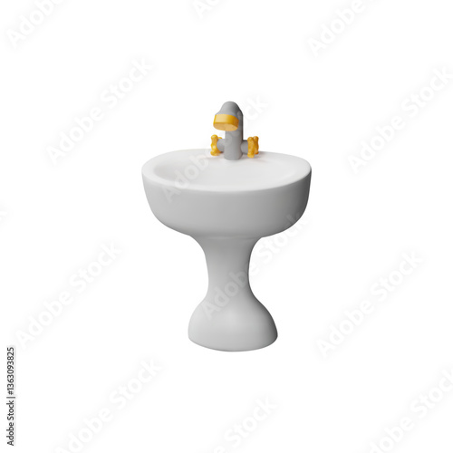 White bathroom sink basin with tap 3D vector icon, ceramic sink on a stand, household equipment with faucet for washing