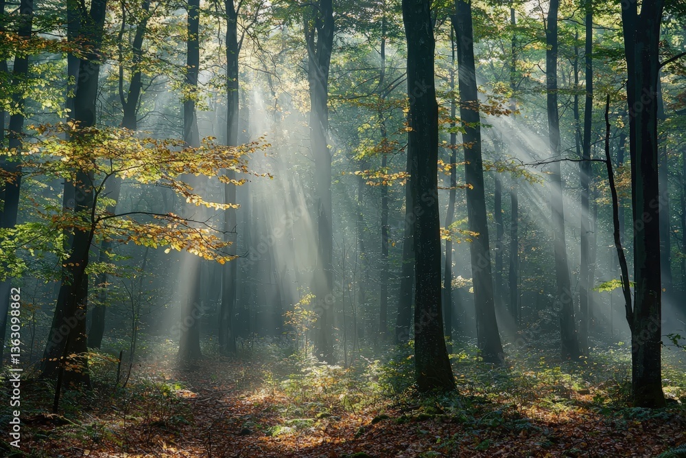 Fototapeta premium Ethereal sunlight through autumn forest canopy with mystical atmosphere