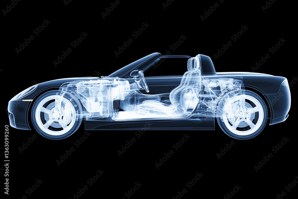 A sleek sports car showcasing its intricate internal components with a glowing x-ray effect, set against a stark black background. The structure includes the chassis, engine, and seating arrangement A sleek sports car showcasing its intricate internal components with a glowing x-ray effect, set against a stark black background. The structure includes the chassis, engine, and seating arrangement