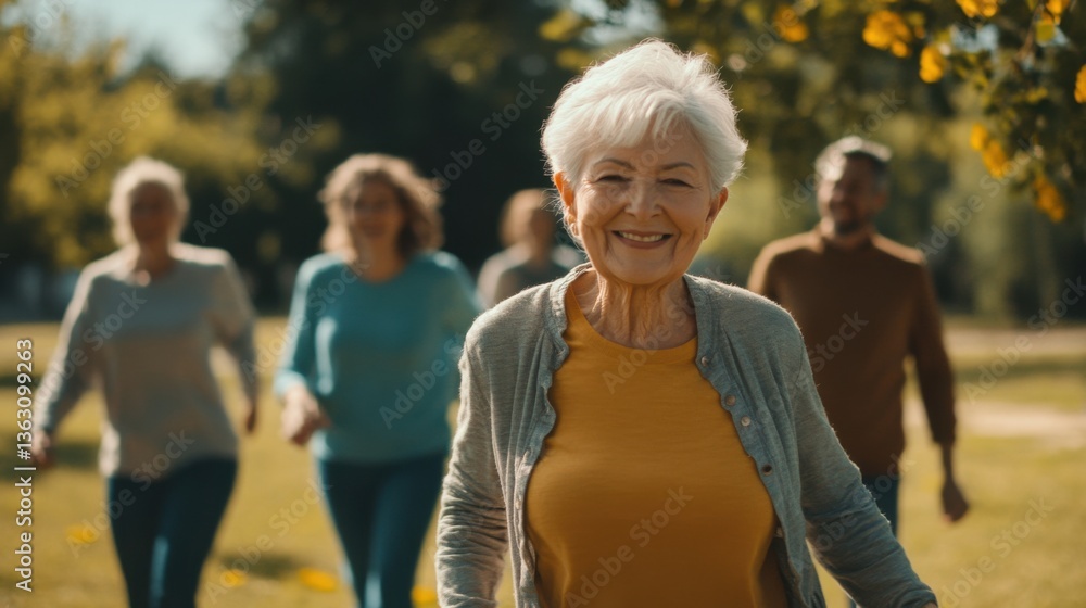 Joyful Senior Woman Running with Friends in Sunny Park Setting Joyful Senior Woman Running with Friends in Sunny Park Setting