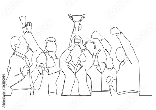 Continuous line drawing of business people celebrating with trophy.