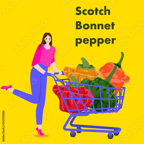 A woman holds cart with Scotch Bonnet pepper. or Jamaican pepper. Chili peppers. Isolated vector illustration.