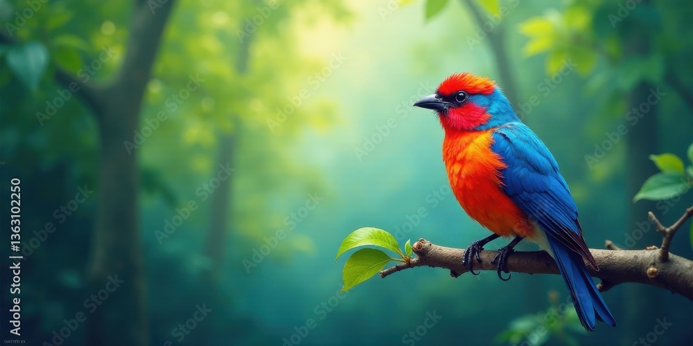 Obraz premium A Vibrant Bird Perched on a Branch in a Lush, Verdant Forest, Displaying Striking Red and Blue Plumage