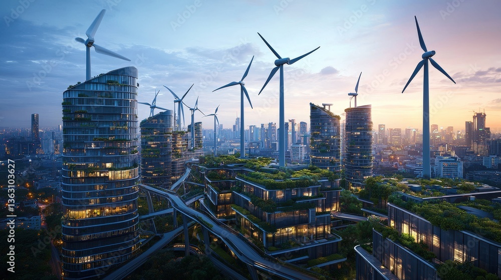Obraz premium Futuristic sustainable cityscape with green rooftops and wind turbines at dusk