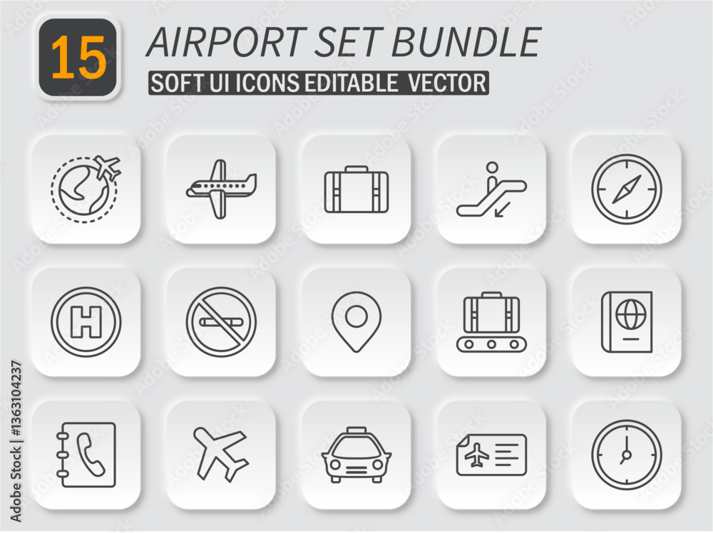 Fototapeta premium Comprehensive airport icon set bundle featuring soft user interface elements