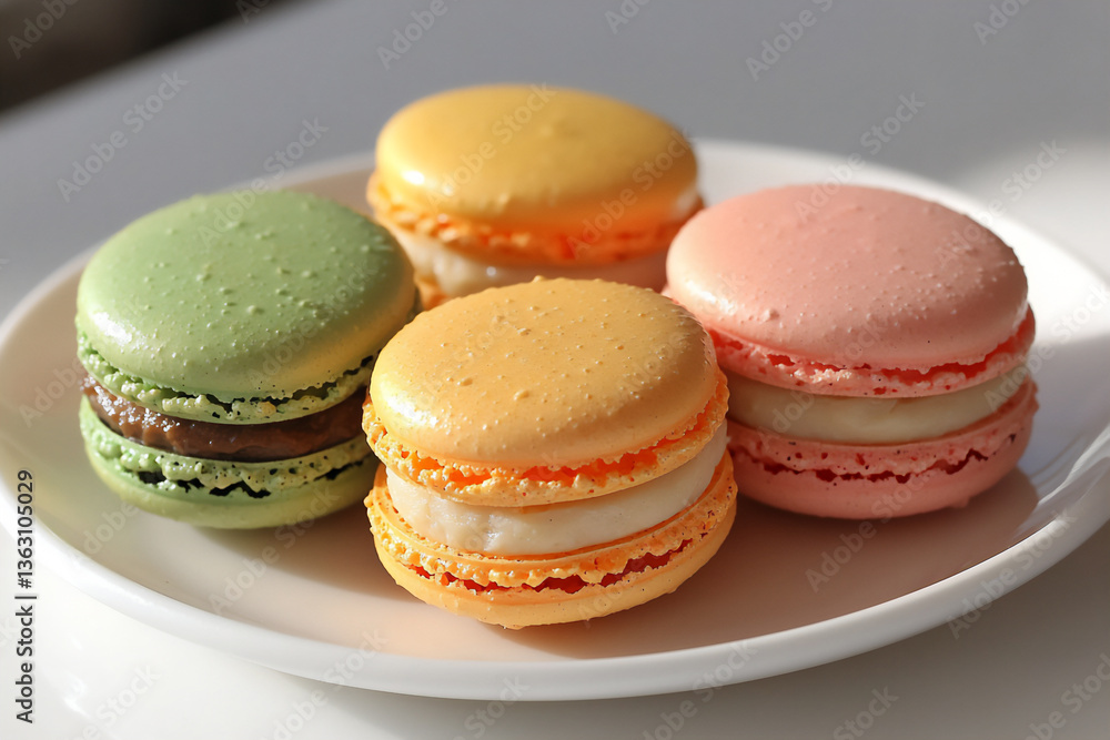 close-up shot of five macarons with vibrant, contrasting colors (orange, close-up shot of five macarons with vibrant, contrasting colors (orange,