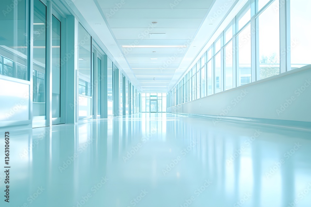 Clean and brightly lit empty hospital corridor featuring a shiny blue floor and white walls, leading towards a distant door in a sterile and quiet environment Clean and brightly lit empty hospital corridor featuring a shiny blue floor and white walls, leading towards a distant door in a sterile and quiet environment