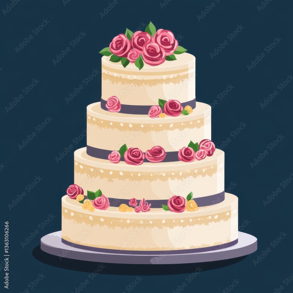 Wedding and relationships Flat Art Style Icon. Four Tiered Wedding Cake with Pink Roses Wedding and relationships Flat Art Style Icon. Four Tiered Wedding Cake with Pink Roses