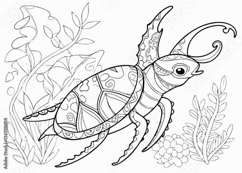 Zentangle stylized cartoon stag beetle (deer beetle, Lucanus cervus). Hand drawn sketch for adult antistress coloring book page, T-shirt emblem, logo, tattoo with doodle, zentangle design elements.