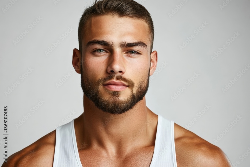 Fototapeta premium Young man with a strong jawline and light beard is posing in a tank top with a neutral background