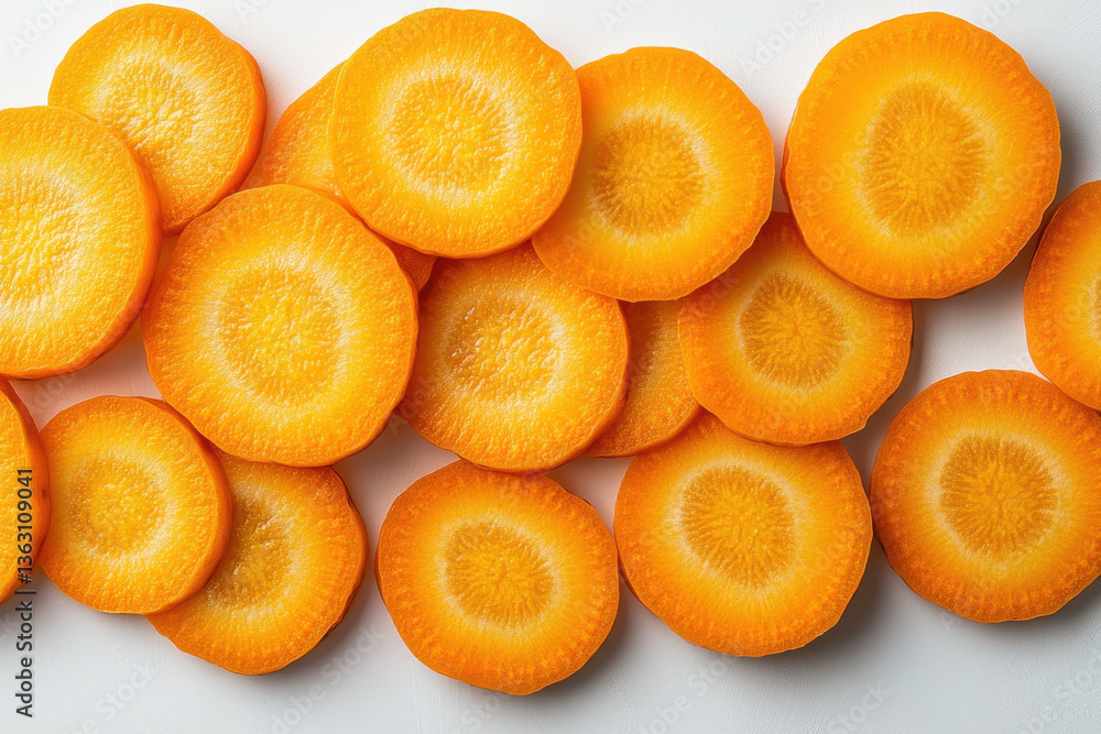 Sliced carrots on a white surface, arranged neatly in a row, with vibrant orange hues contrasting against the clean background. Sliced carrots on a white surface, arranged neatly in a row, with vibrant orange hues contrasting against the clean background.