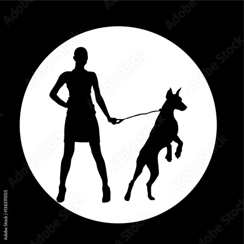 Beautiful girl with a doberman dog on a leash. Black and white silhouette