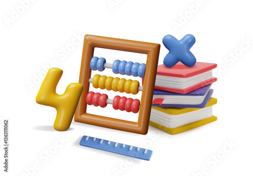 Mathematics, geometric and arithmetic education school supplies, Abacus, books, number, ruler 3D vector composition
