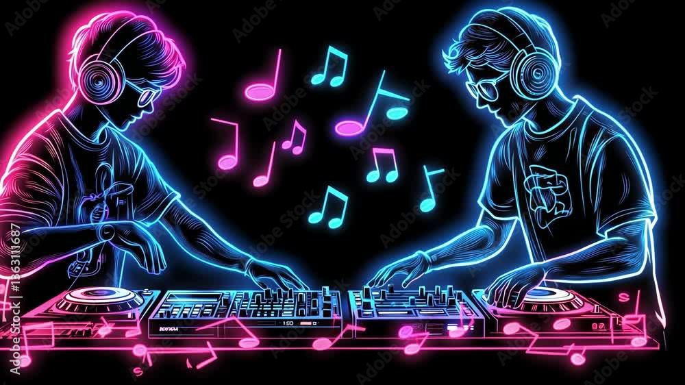 Neon dj duo mixing music with headphones and turntables