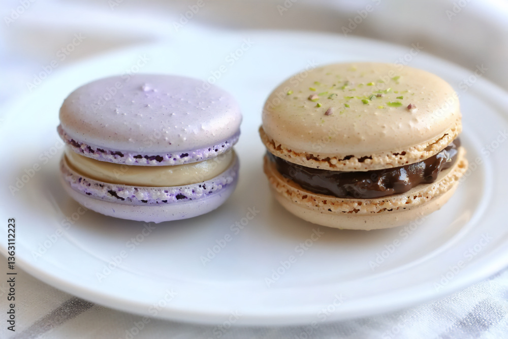 Fototapeta premium close-up shot of two delicate macarons on a white plate,