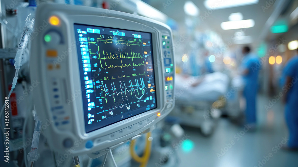 A hospital patient on a ventilator in ICU, doctors monitoring their condition closely A hospital patient on a ventilator in ICU, doctors monitoring their condition closely