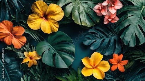 Wallpaper Mural Beautiful flowers and vibrant green leaves create a stunning floral composition Torontodigital.ca