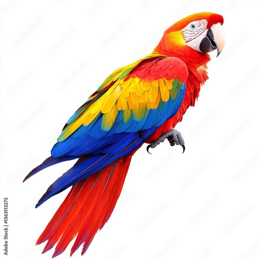 Obraz premium Perched on a branch in a tropical rainforest, an exotic and beautiful macaw parrot stands out with its vibrant colors and bright feathers in its natural habitat