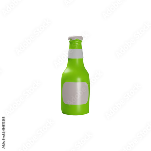 Green glass beer bottle with label and closed lid 3D plastic style vector icon, volume unopened container for beverage