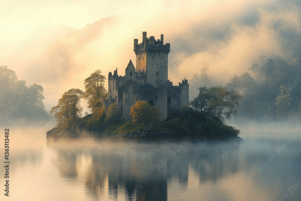 Castle on small island in lake with surrounding trees, under overcast sky. Castle on small island in lake with surrounding trees, under overcast sky.