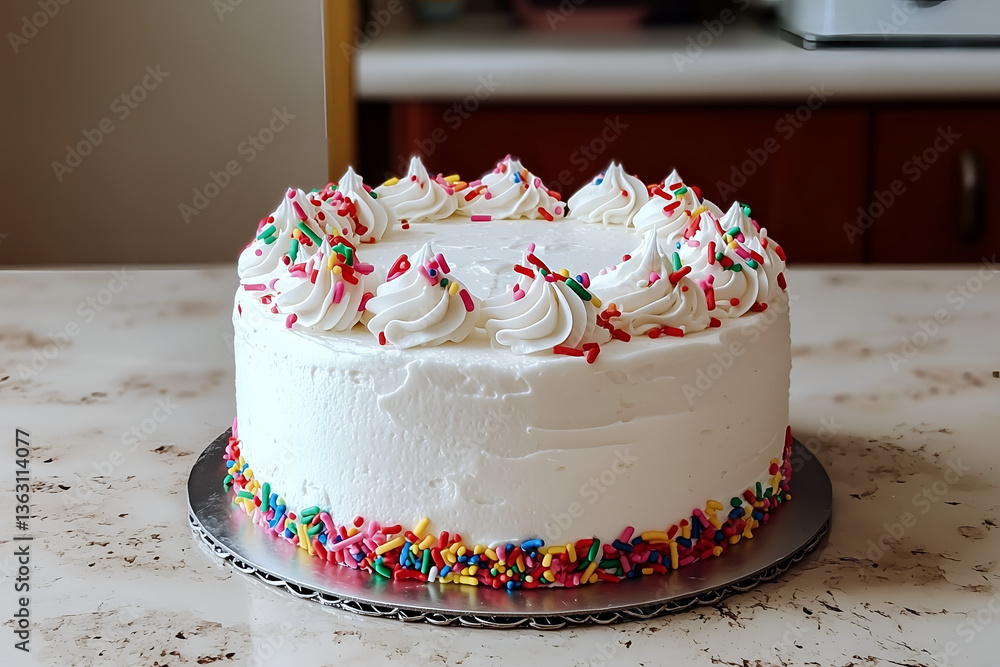 White frosted cake with colorful sprinkles celebration dessert White frosted cake with colorful sprinkles celebration dessert