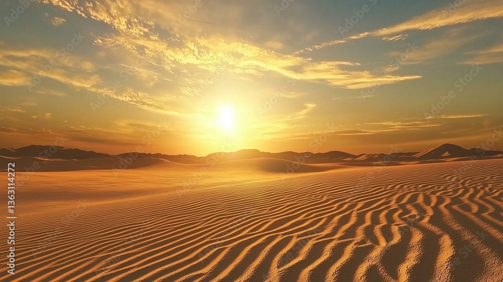 Naklejka premium Photorealistic view of a sandy desert with high dunes, rippling patterns, and golden sunlight in the background