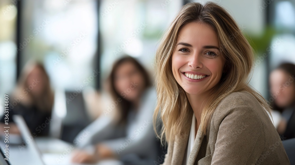 A confident woman beams with joy while contributing to a dynamic business meeting filled with collaborative energy in a bright, contemporary office space A confident woman beams with joy while contributing to a dynamic business meeting filled with collaborative energy in a bright, contemporary office space