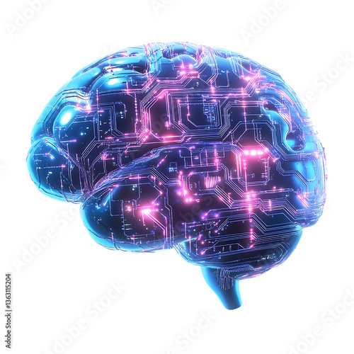 A digital brain with glowing pink and blue circuit patterns on trasparent background