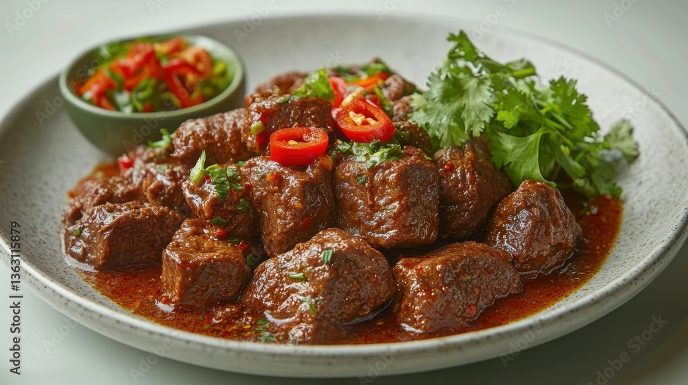 Beef cubes in a savory sauce, garnished with herbs Beef cubes in a savory sauce, garnished with herbs