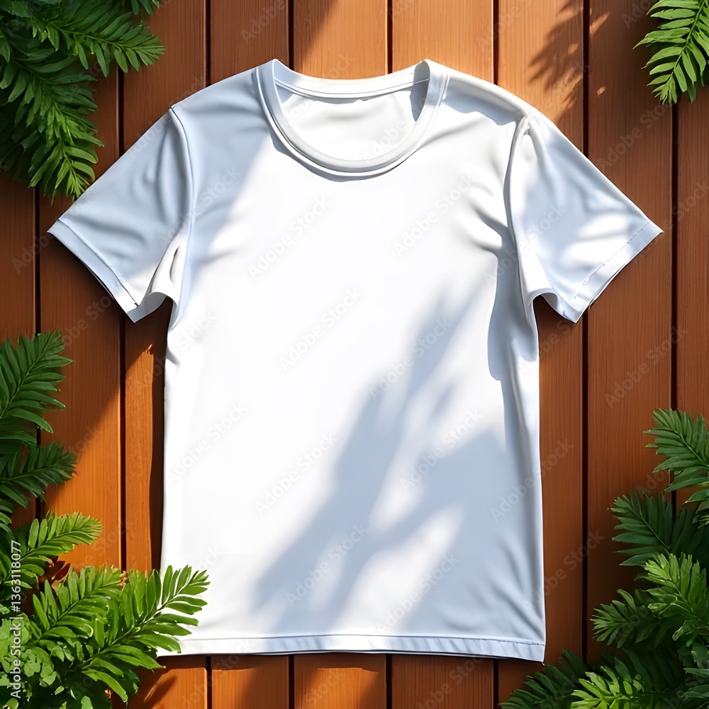 A pristine white t-shirt, ready for your design, rests on warm wood, dappled with sunlight and framed by lush green foliage. A pristine white t-shirt, ready for your design, rests on warm wood, dappled with sunlight and framed by lush green foliage.
