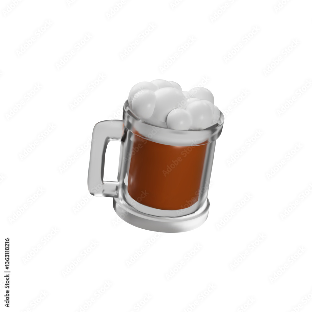 Beer mug with handle and foam 3D vector icon, glass with dark froth beer, cup of brown malt alcohol drink isolated