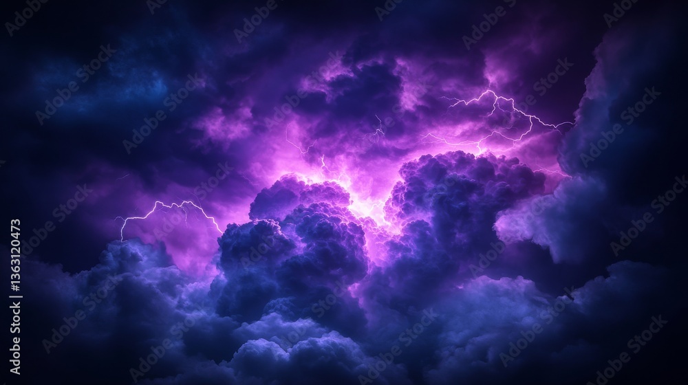 Purple lightning bolts light up the dark, stormy clouds over a mountain range during an electric storm at night Purple lightning bolts light up the dark, stormy clouds over a mountain range during an electric storm at night