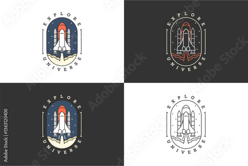 Four logos featuring a rocket launching into space.