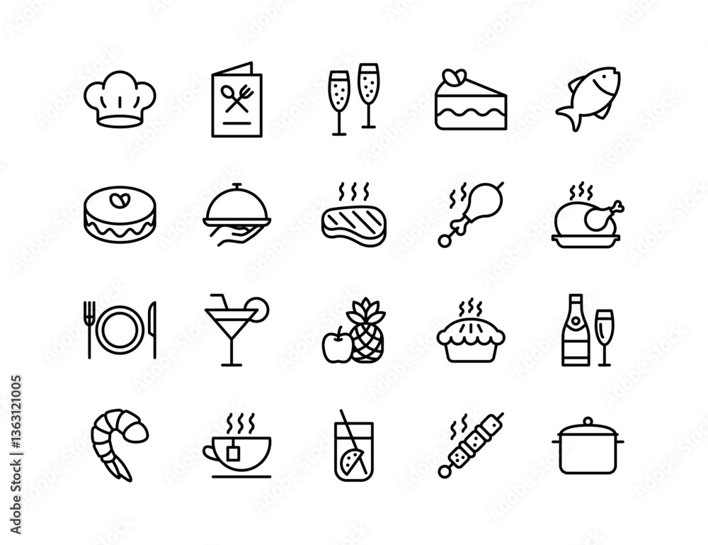 Fototapeta premium Restaurant Vector Icon Set | Adjustable Line Weight | Chef, menu, cake, steak, cocktail, shrimp, tea, chicken, pot, dish, dessert, cooking, kitchen icons